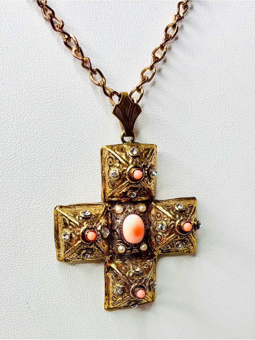 Vintage Alcozer & J. Pink Angel Skin Coral Swarovski Crystals Cross Necklace